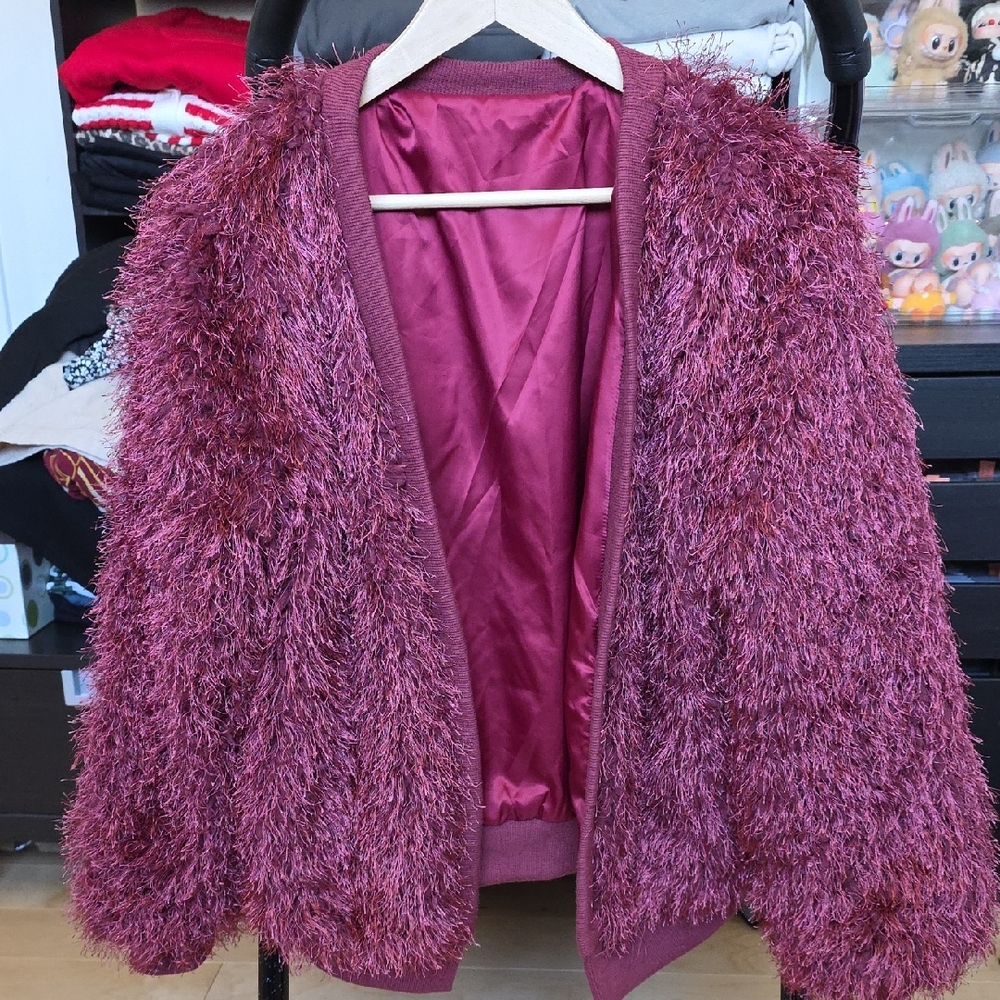 Fuzzy Maroon Bomber Jacket - Women's Cozy Coat